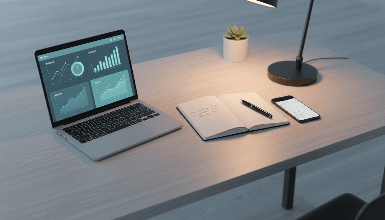 Laptop showing lead generation analytics and calendar bookings on desk