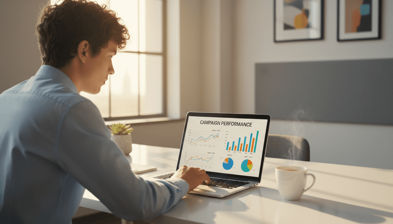 Digital marketer reviewing lead generation analytics and campaign performance metrics on a laptop